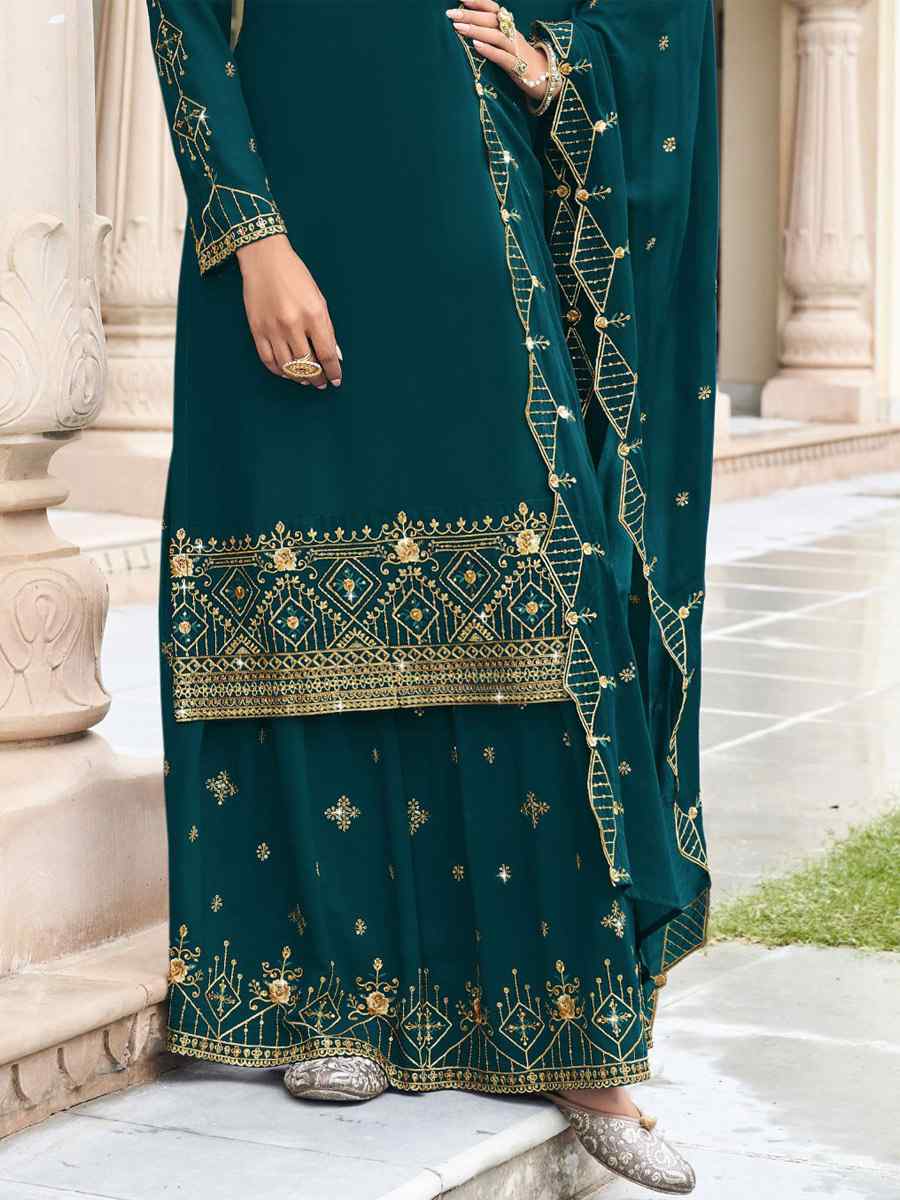 Teal Blue Georgette Embroidered Wedding Festival Sharara Pant Salwar Kameez