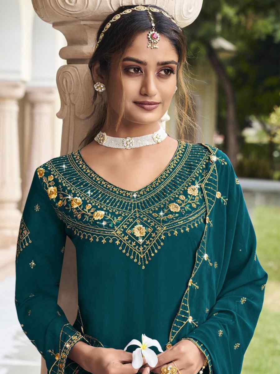 Teal Blue Georgette Embroidered Wedding Festival Sharara Pant Salwar Kameez