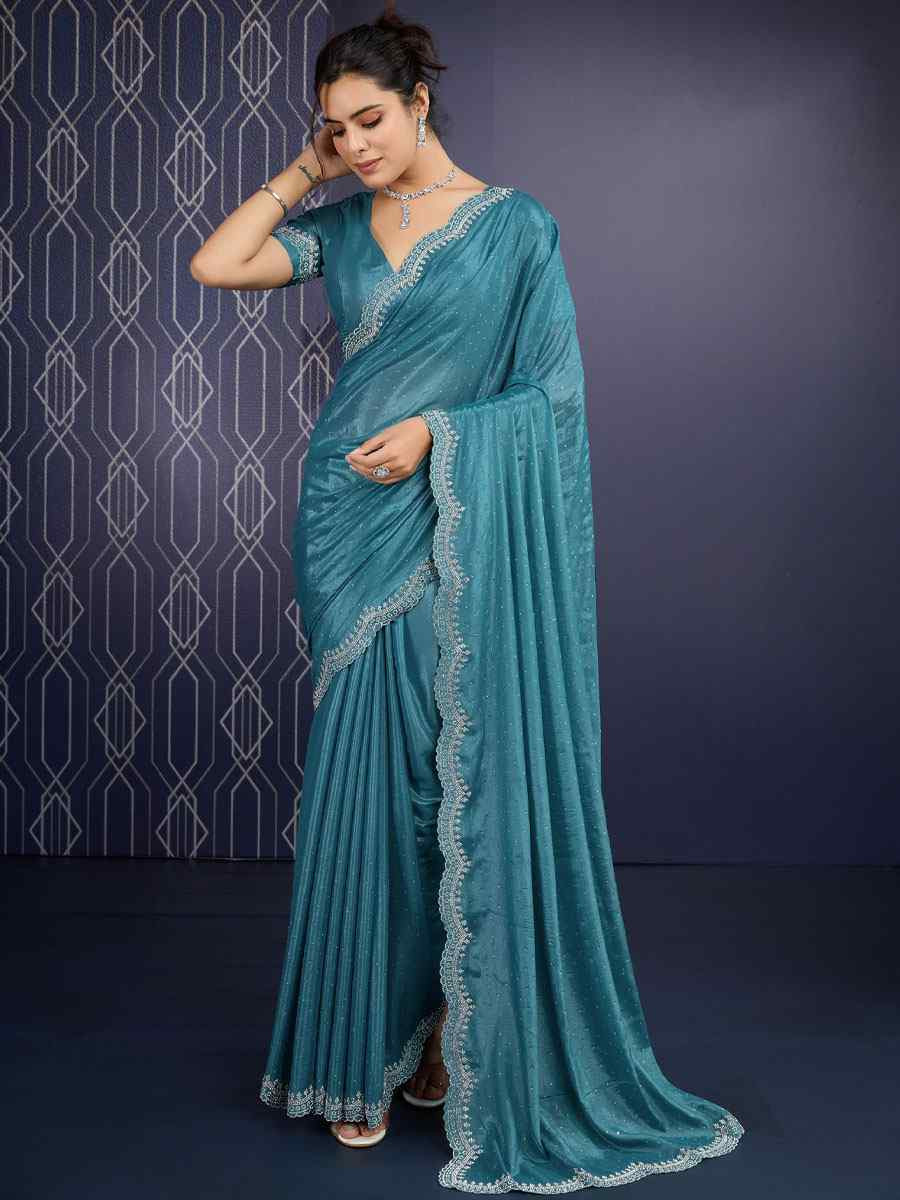 Teal Blue Georgette Embroidery Casual Reception Festival Wedding Fancy Heavy Border Sarees