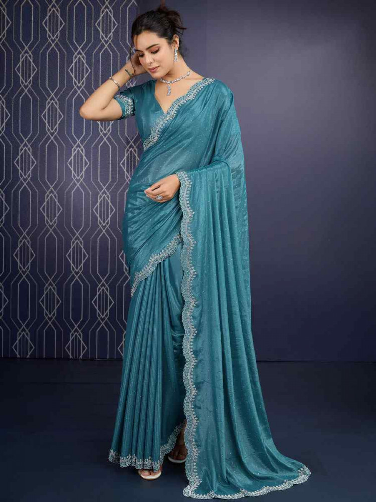 Image of Teal Blue Georgette Embroidery Casual Reception Festival Wedding Fancy Heavy Border Sarees