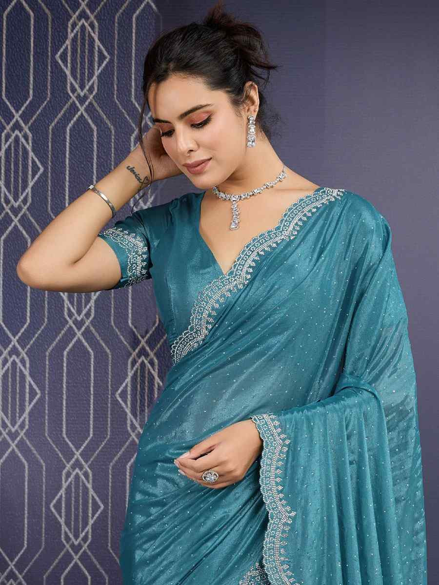 Teal Blue Georgette Embroidery Casual Reception Festival Wedding Fancy Heavy Border Sarees
