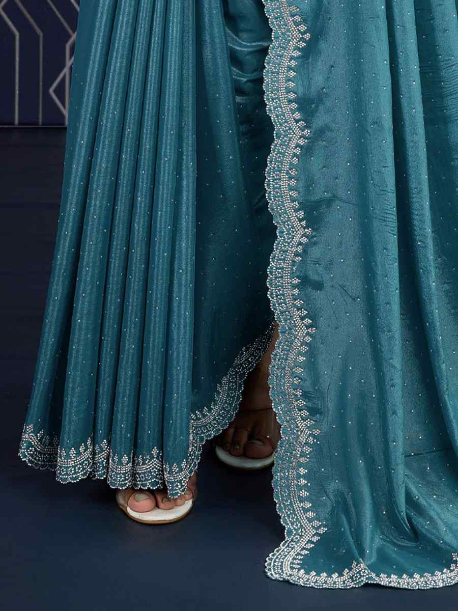 Teal Blue Georgette Embroidery Casual Reception Festival Wedding Fancy Heavy Border Sarees