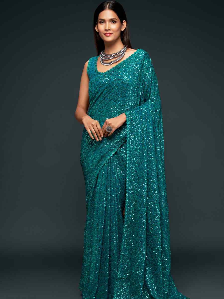 Teal Blue Georgette Embroidery Festival Wedding Fancy Heavy Border Saree