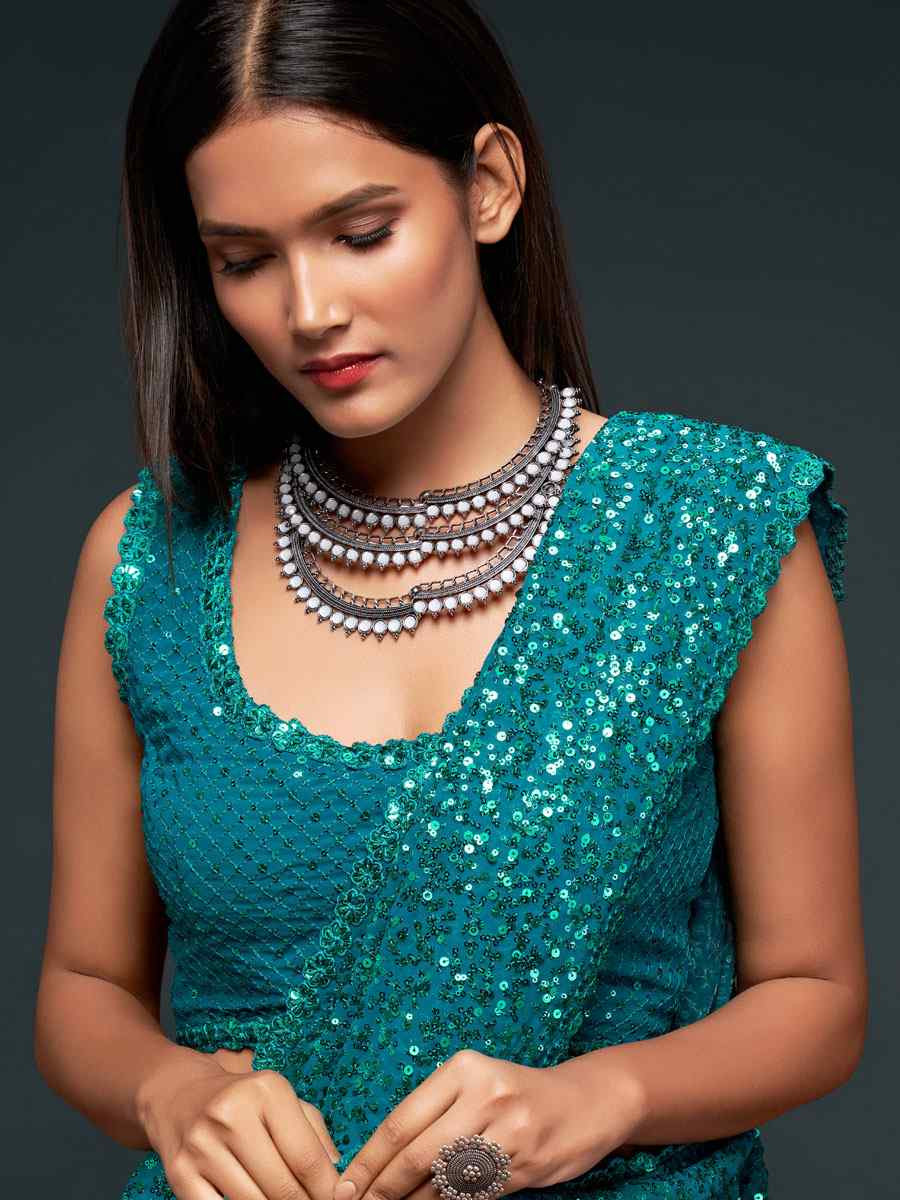 Teal Blue Georgette Embroidery Festival Wedding Fancy Heavy Border Saree