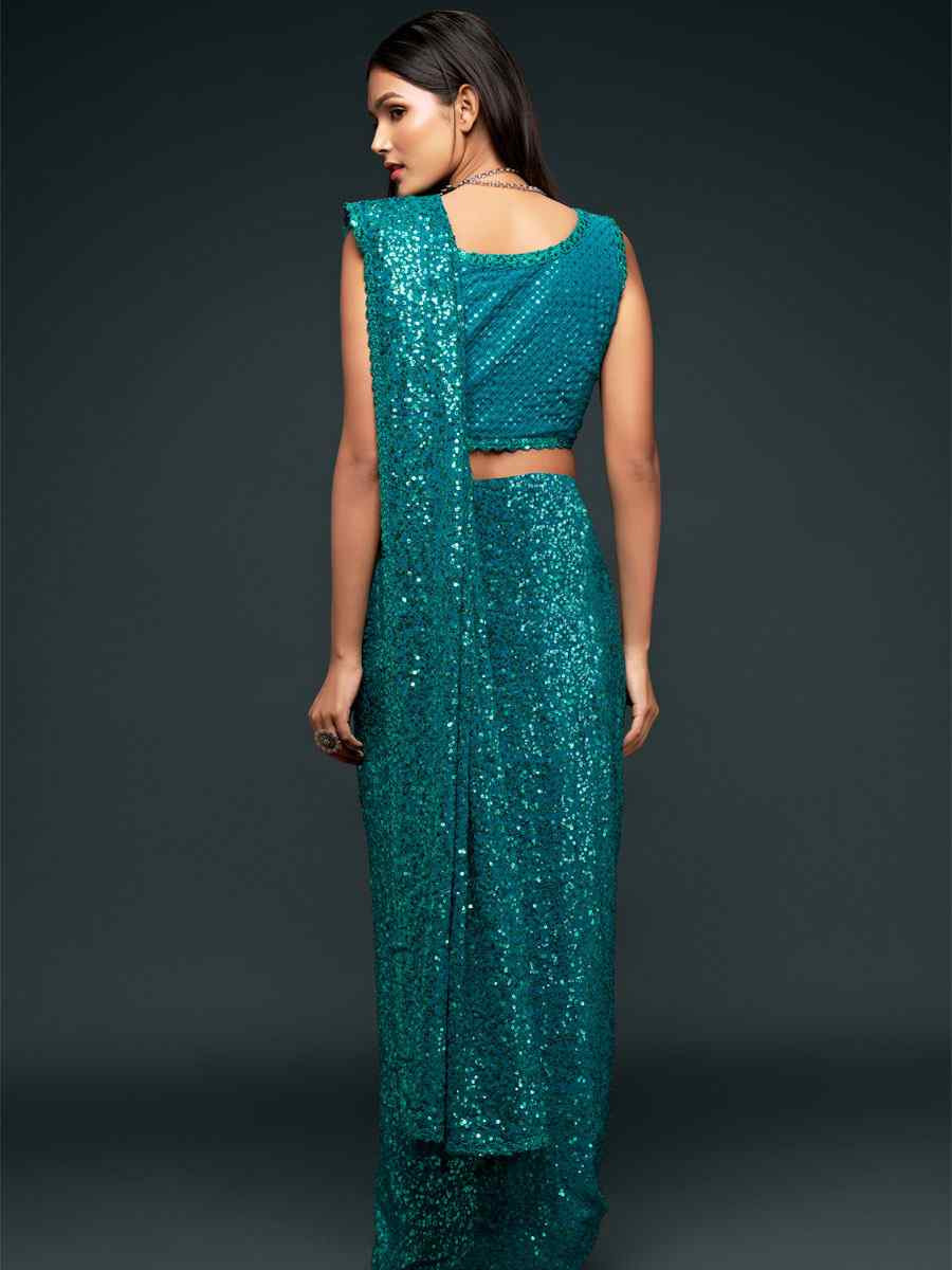 Teal Blue Georgette Embroidery Festival Wedding Fancy Heavy Border Saree
