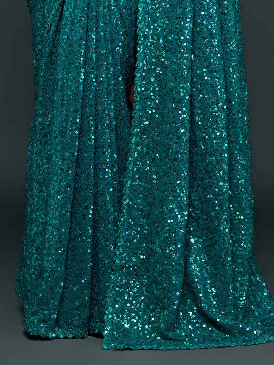 Teal Blue Georgette Embroidery Festival Wedding Fancy Heavy Border Saree