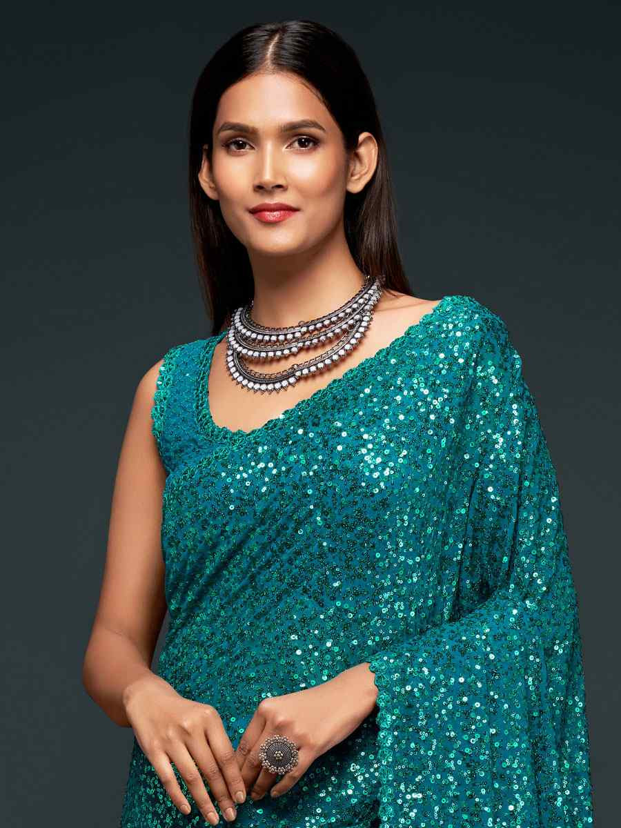 Teal Blue Georgette Embroidery Festival Wedding Fancy Heavy Border Saree