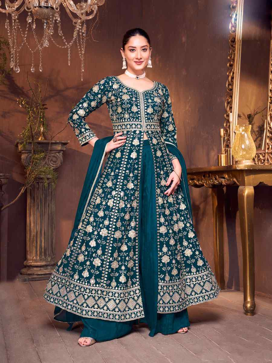 Teal Blue Georgette Embroidery Party Wedding Festival Casual Ready Anarkali Salwar Kameez