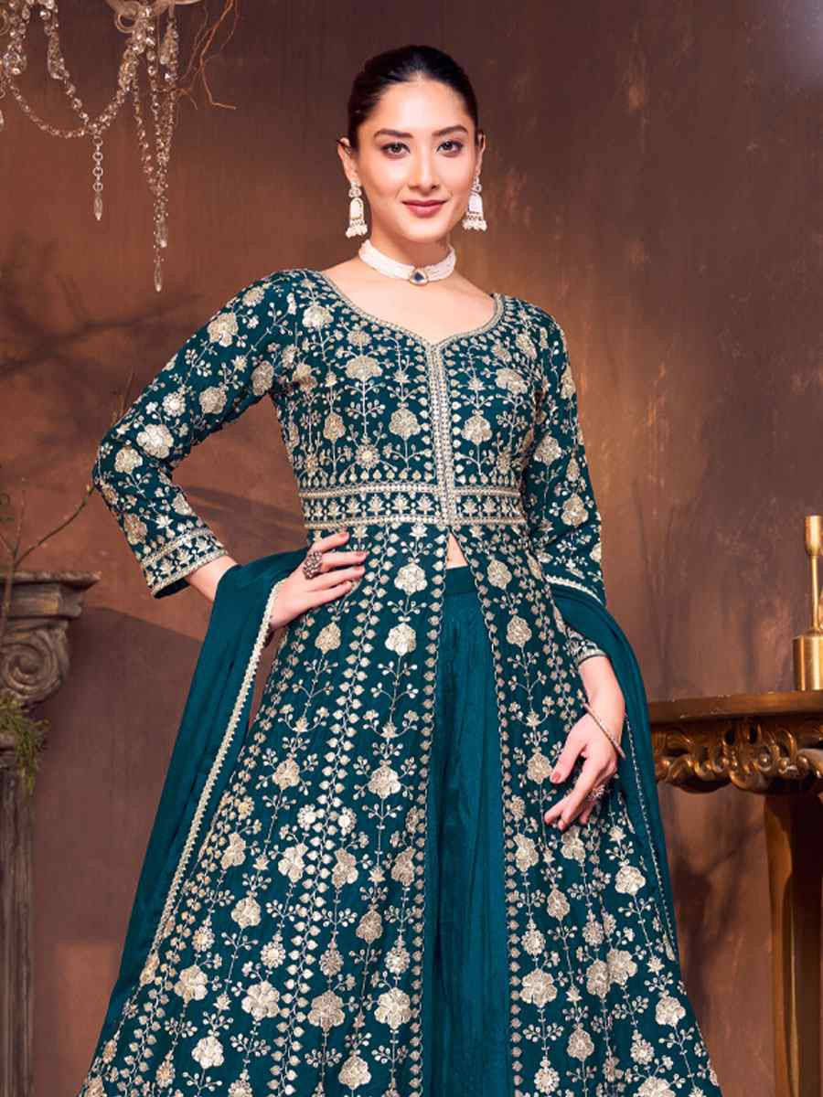 Teal Blue Georgette Embroidery Party Wedding Festival Casual Ready Anarkali Salwar Kameez