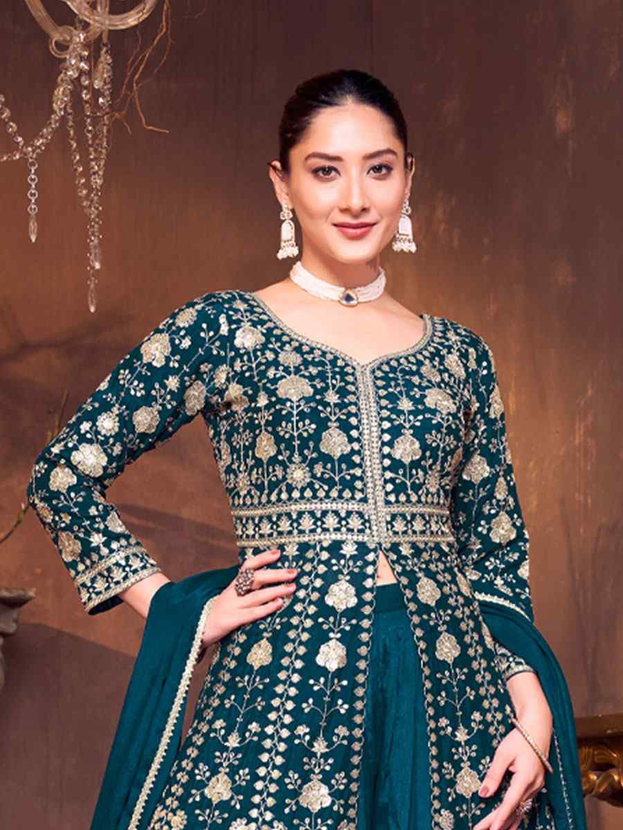 Teal Blue Georgette Embroidery Party Wedding Festival Casual Ready Anarkali Salwar Kameez