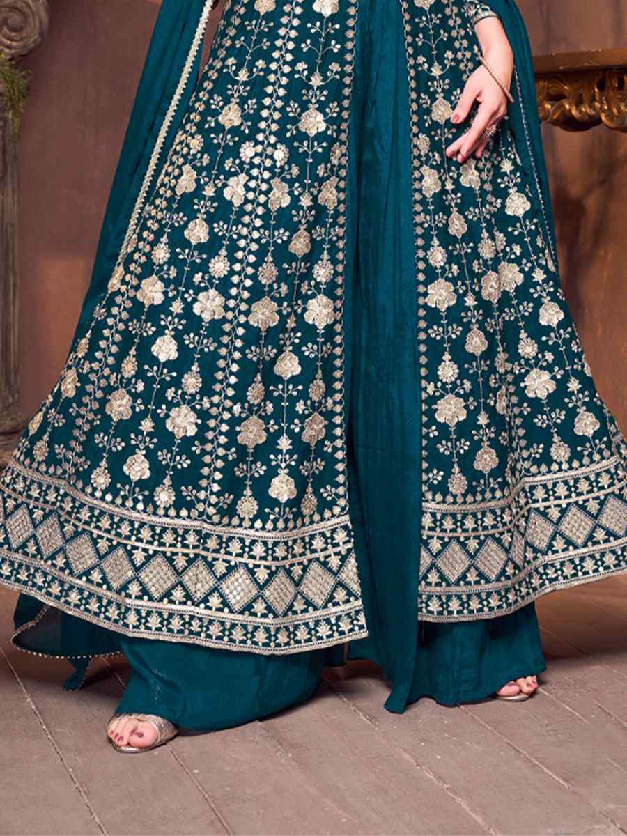 Teal Blue Georgette Embroidery Party Wedding Festival Casual Ready Anarkali Salwar Kameez
