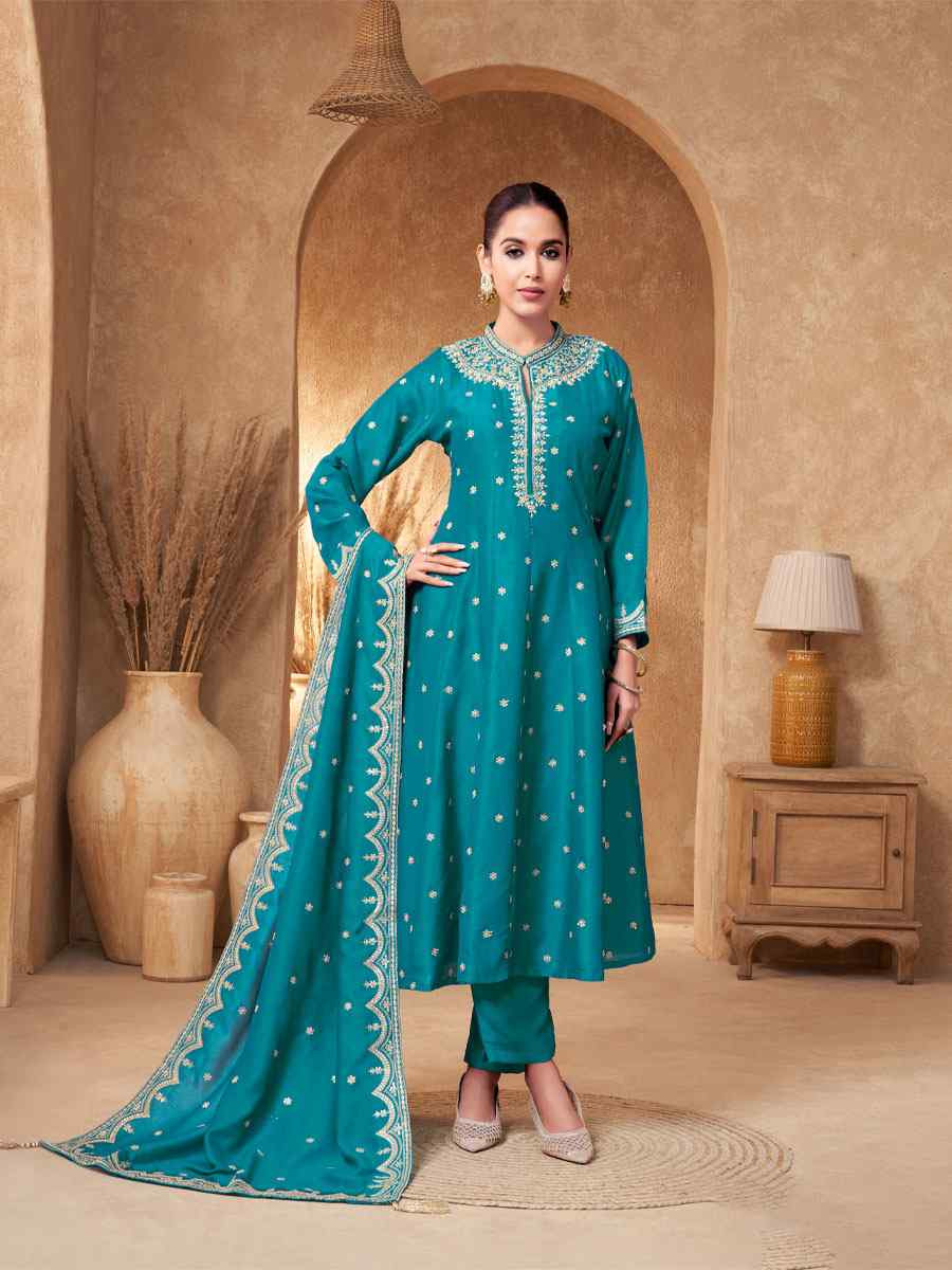 Teal Blue Georgette Embroidery Party Wedding Festival Casual Ready Pant Salwar Kameez