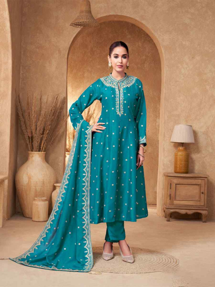 Image of Teal Blue Georgette Embroidery Party Wedding Festival Casual Ready Pant Salwar Kameez