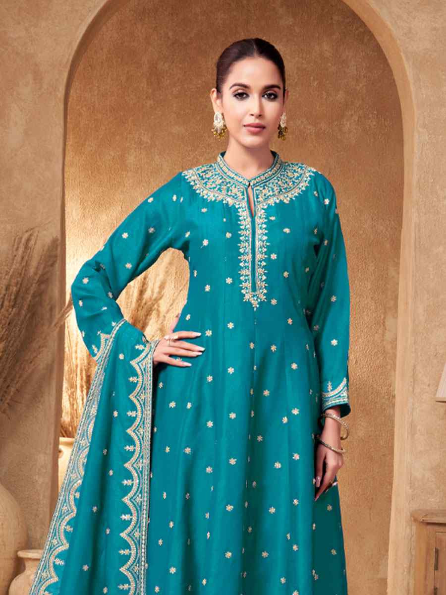 Teal Blue Georgette Embroidery Party Wedding Festival Casual Ready Pant Salwar Kameez