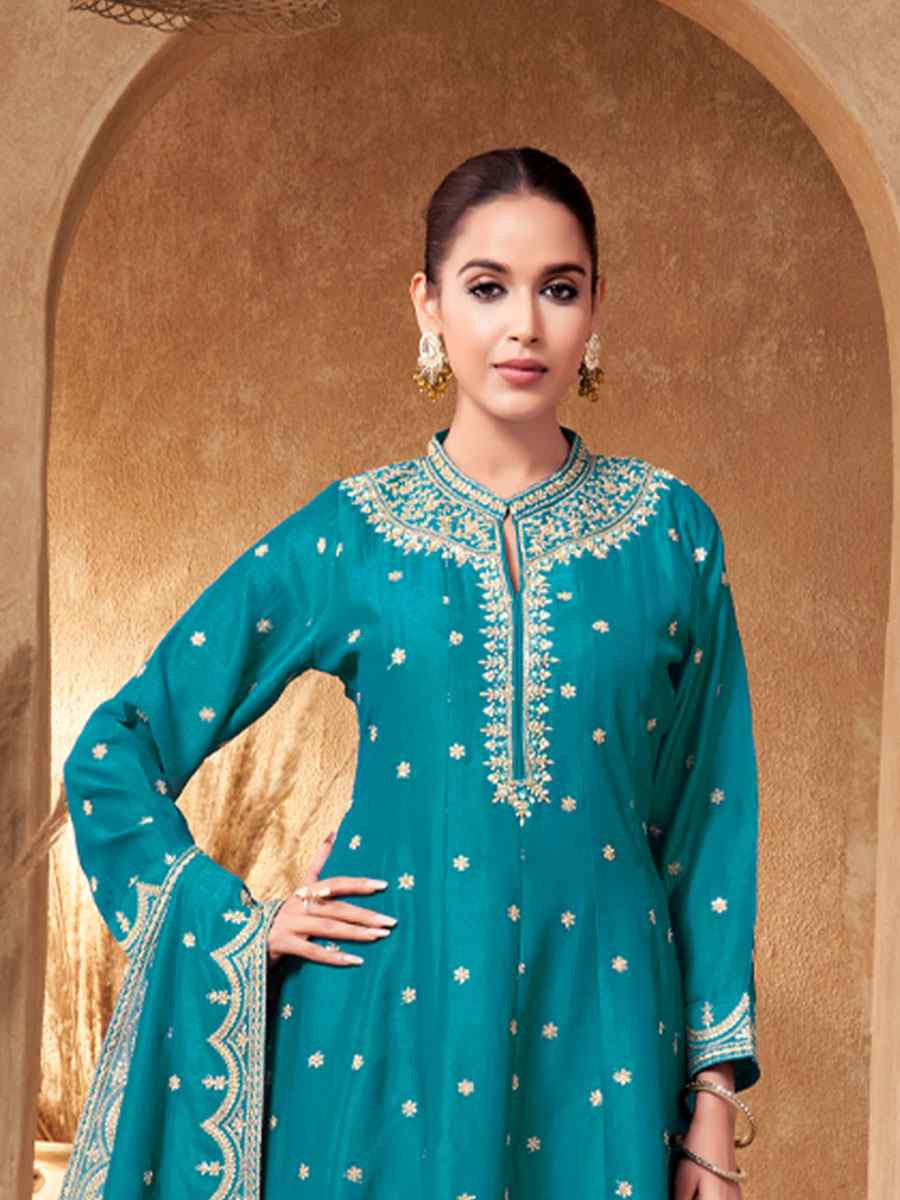 Teal Blue Georgette Embroidery Party Wedding Festival Casual Ready Pant Salwar Kameez
