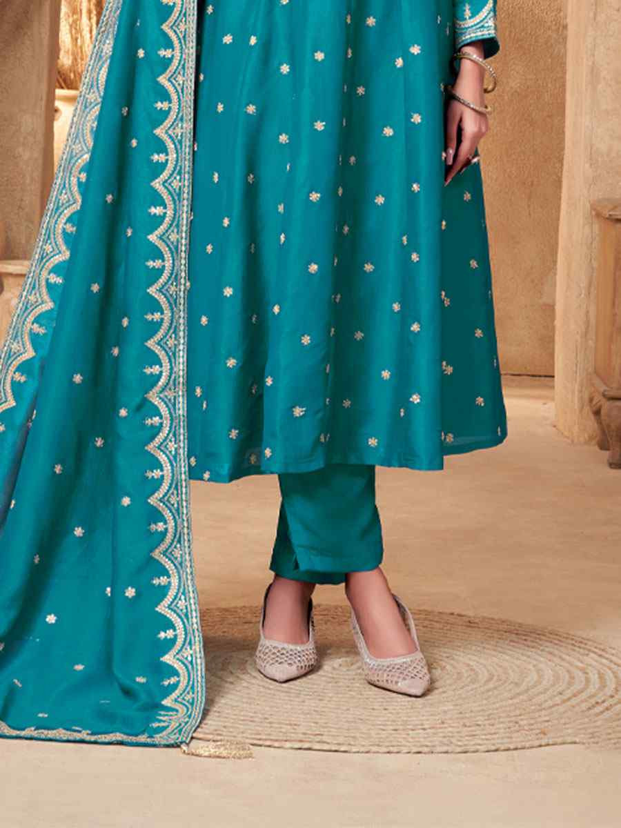 Teal Blue Georgette Embroidery Party Wedding Festival Casual Ready Pant Salwar Kameez