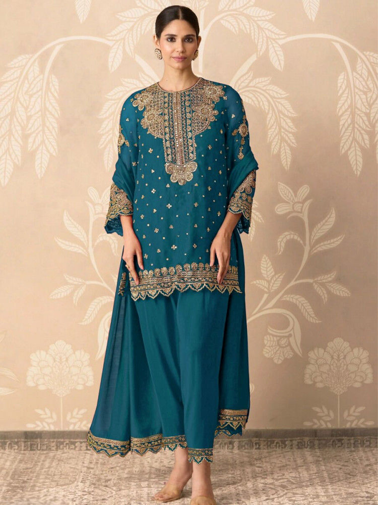 Image of Teal Blue Georgette Embroidery Zari Sequins Wedding Party Festival Casual Palazzo Pant Salwar Kameez