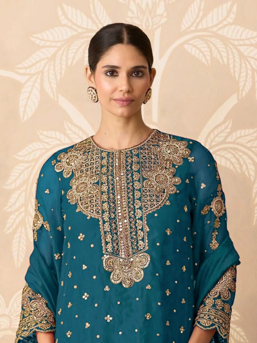 Teal Blue Georgette Embroidery Zari Sequins Wedding Party Festival Casual Palazzo Pant Salwar Kameez