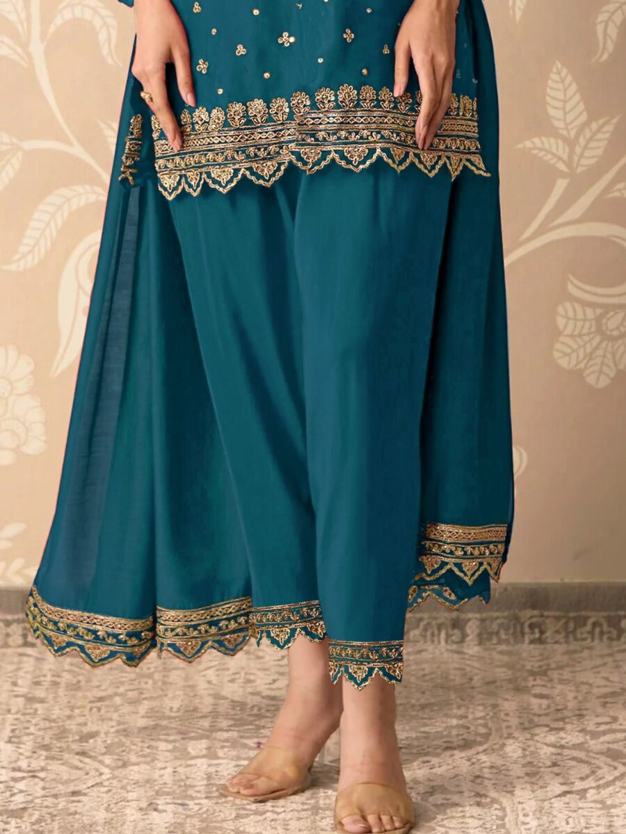 Teal Blue Georgette Embroidery Zari Sequins Wedding Party Festival Casual Palazzo Pant Salwar Kameez