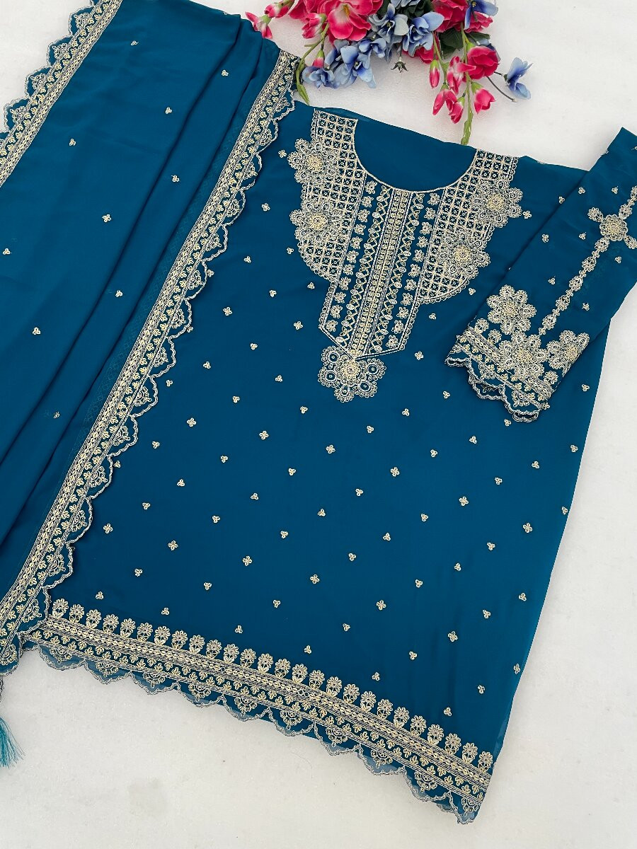 Teal Blue Georgette Embroidery Zari Sequins Wedding Party Festival Casual Palazzo Pant Salwar Kameez