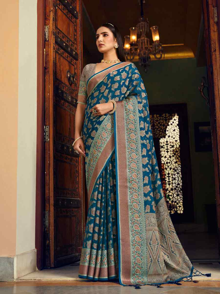Teal Blue Georgette Handwoven Festival Wedding Fancy Heavy Border Saree