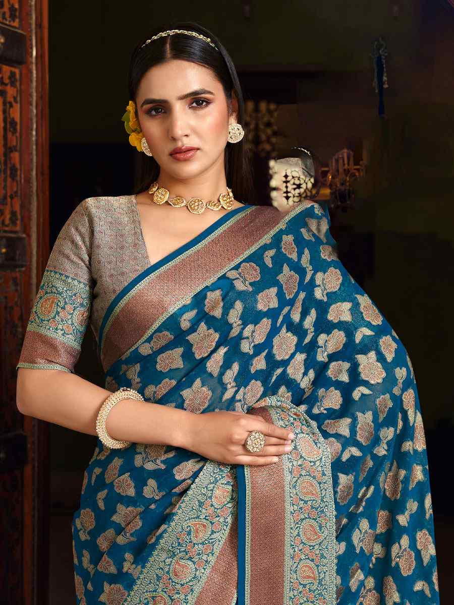 Teal Blue Georgette Handwoven Festival Wedding Fancy Heavy Border Saree