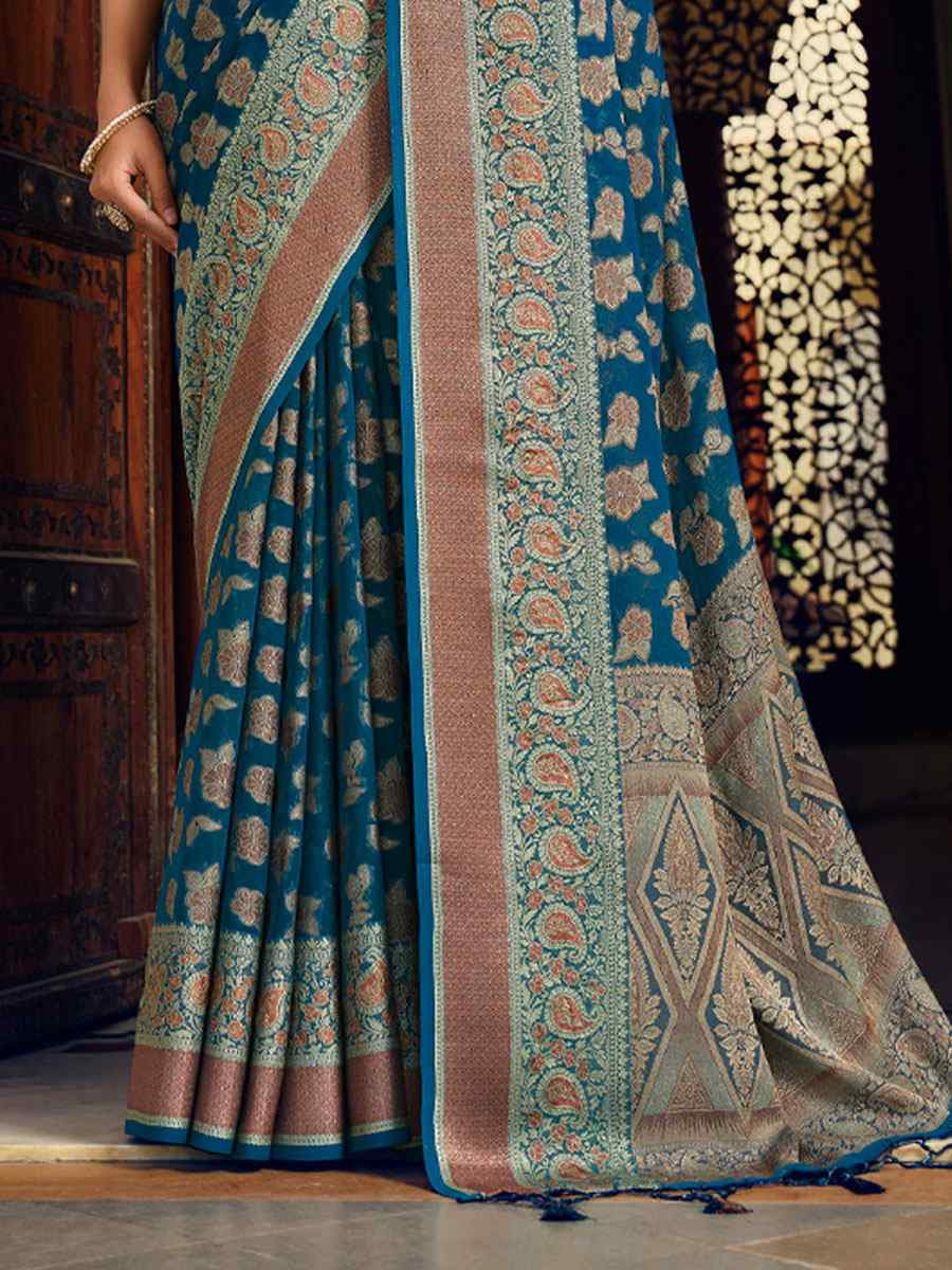 Teal Blue Georgette Handwoven Festival Wedding Fancy Heavy Border Saree