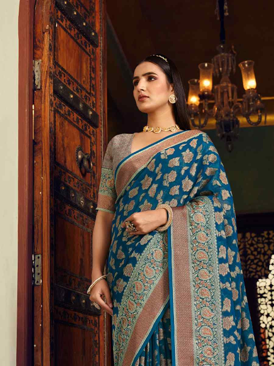 Teal Blue Georgette Handwoven Festival Wedding Fancy Heavy Border Saree