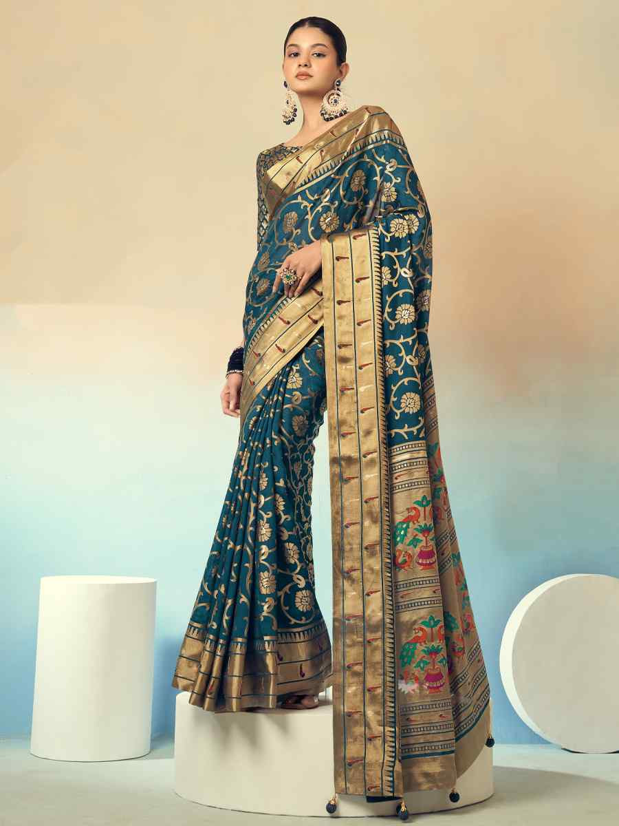 Teal Blue Georgette Handwoven Festival Wedding Fancy Heavy Border Saree