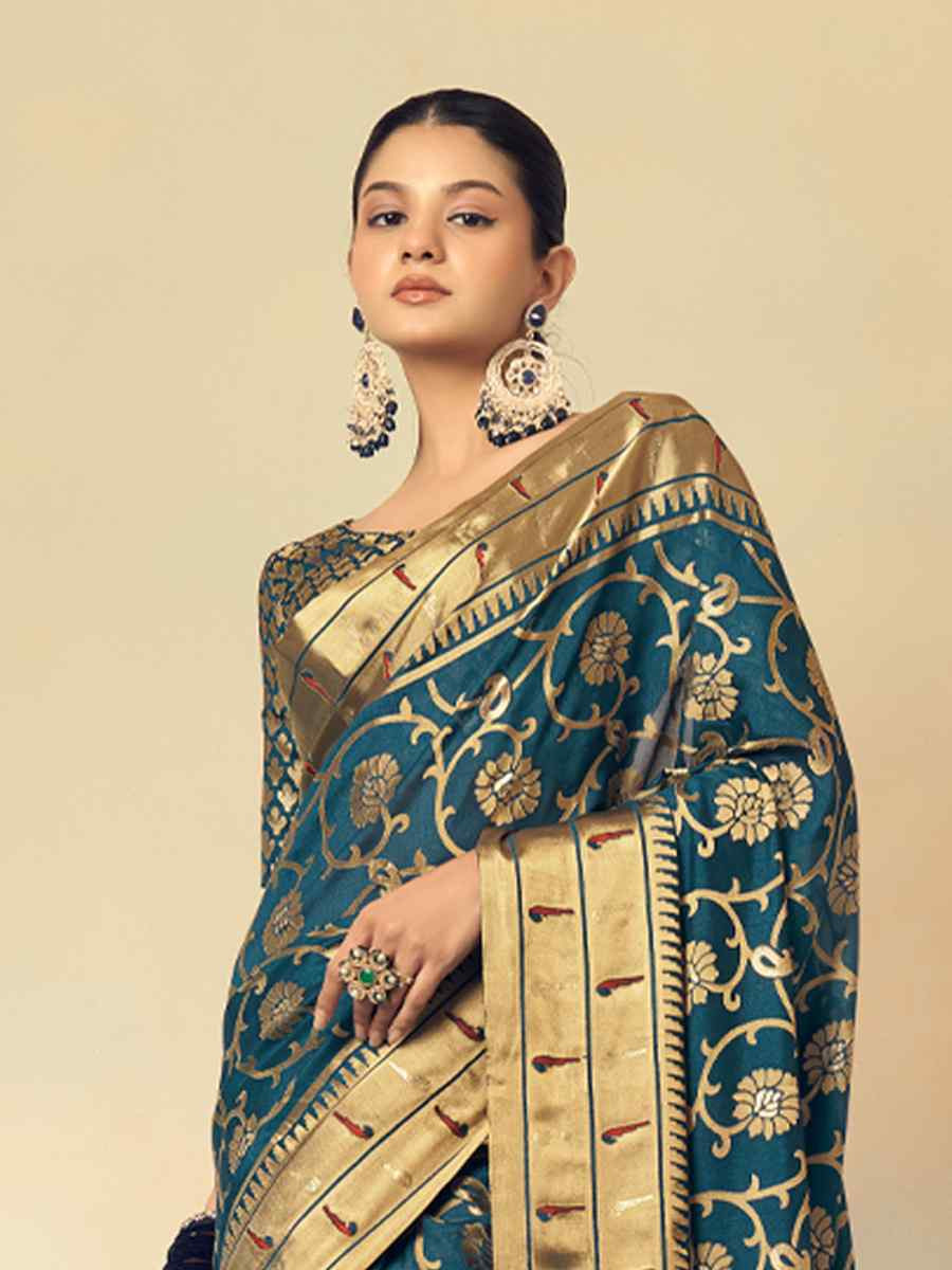 Teal Blue Georgette Handwoven Festival Wedding Fancy Heavy Border Saree