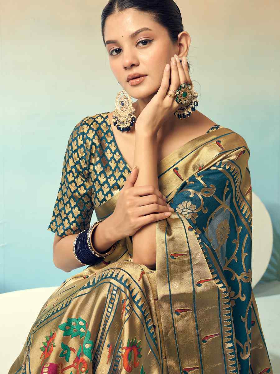 Teal Blue Georgette Handwoven Festival Wedding Fancy Heavy Border Saree