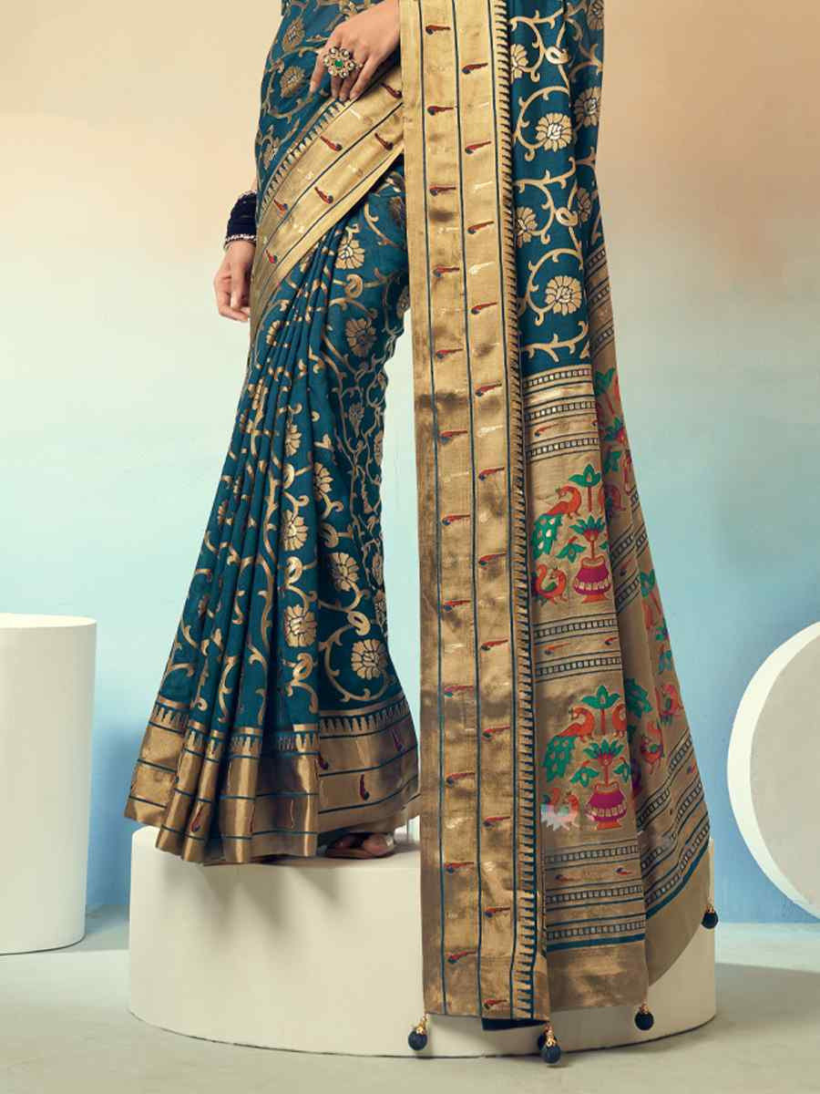 Teal Blue Georgette Handwoven Festival Wedding Fancy Heavy Border Saree