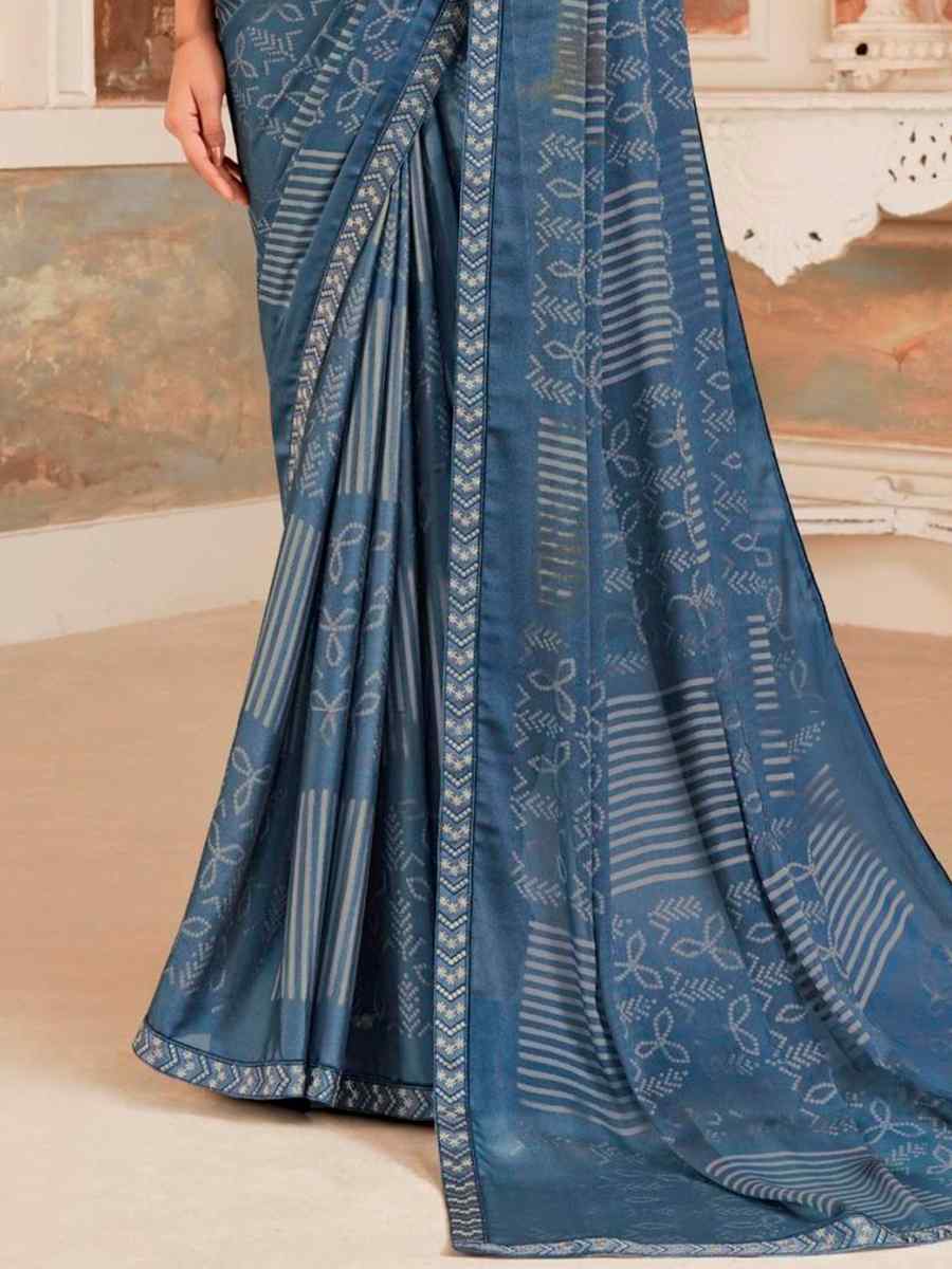 Teal Blue Georgette Printed Casual Festival Contemporary Saree