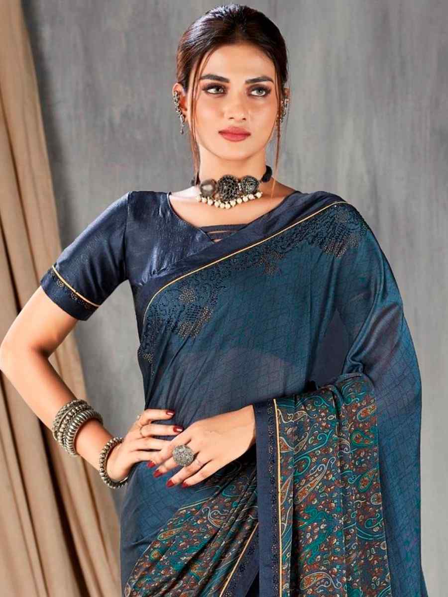Teal Blue Georgette Printed Casual Festival Contemporary Saree