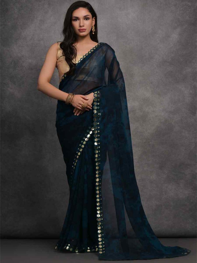 Teal Blue Georgette Printed Party Casual Classic Style Saree