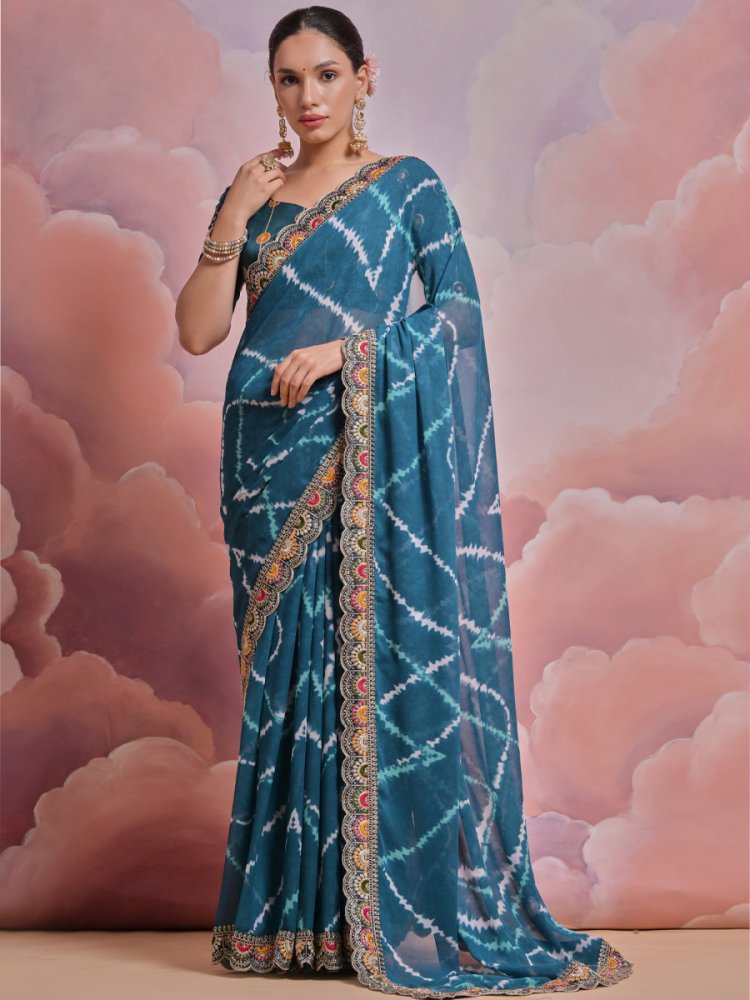 Teal Blue Georgette Printed Wedding Festival Classic Style Saree