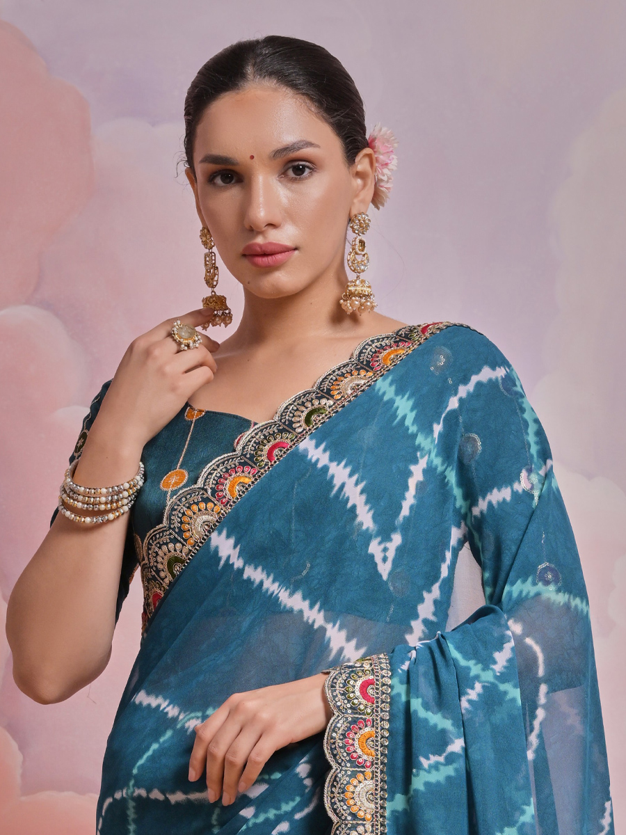 Teal Blue Georgette Printed Wedding Festival Classic Style Saree