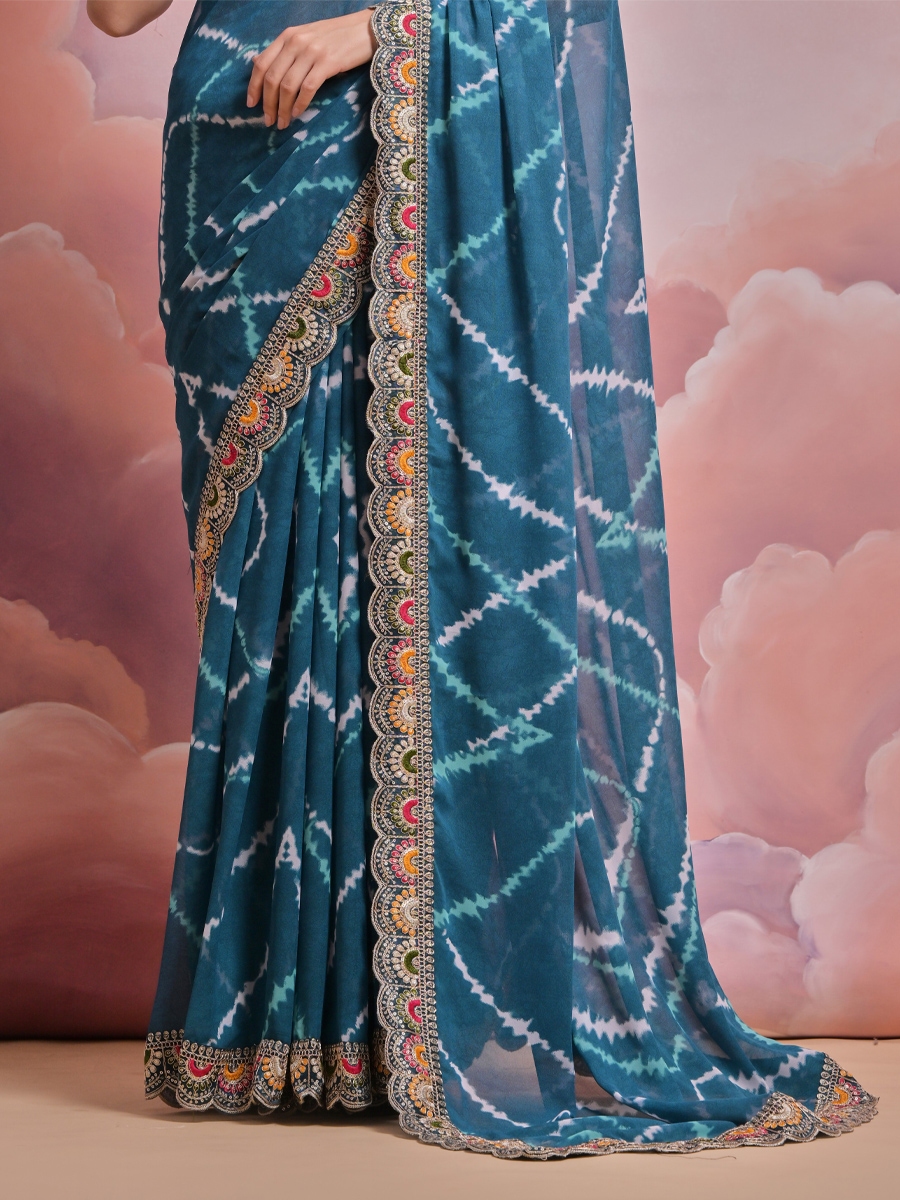 Teal Blue Georgette Printed Wedding Festival Classic Style Saree