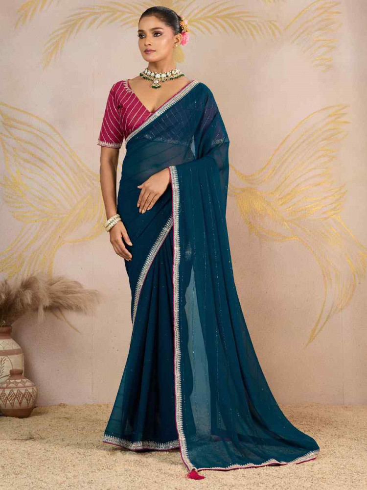 Image of Teal Blue Georgette Sequins Embroidery Party Reception Festival Wedding Fancy Classic Style Sarees