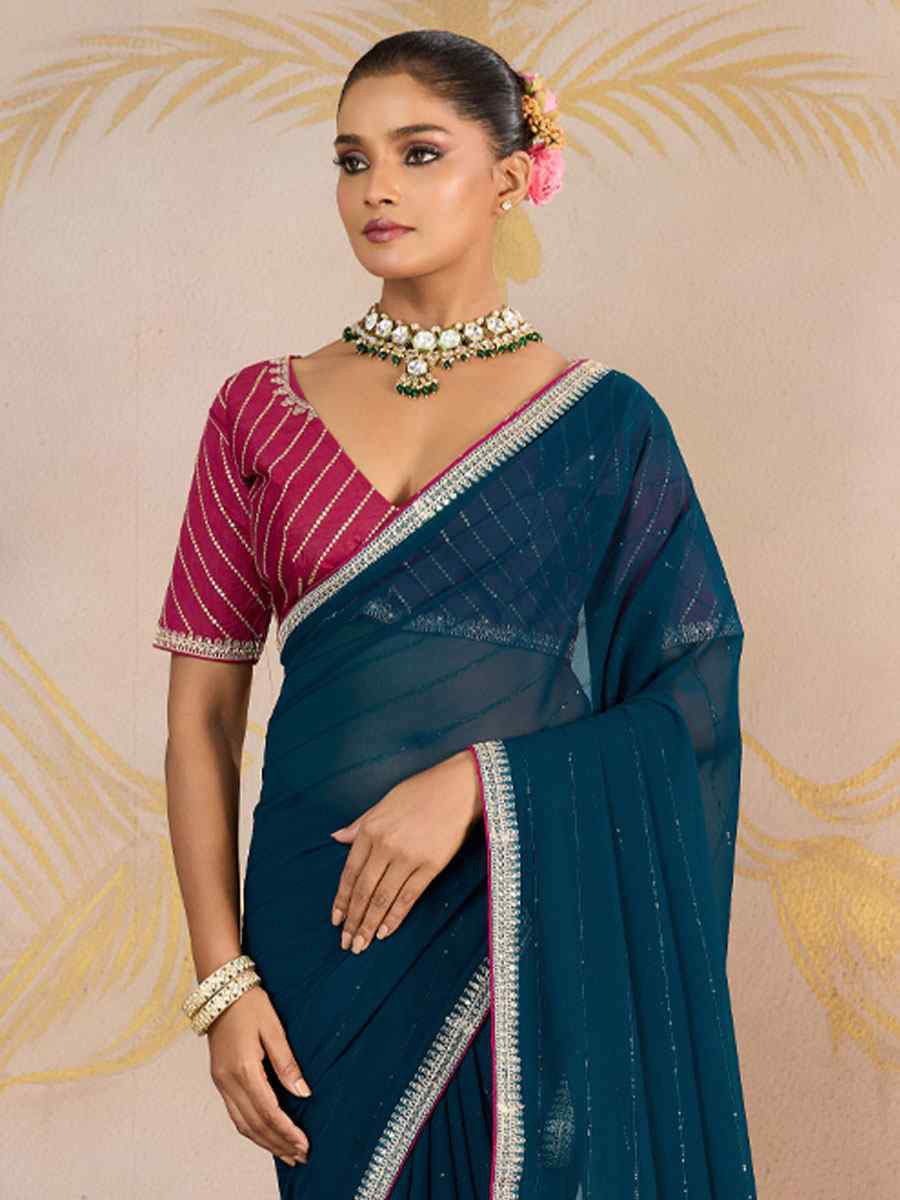 Teal Blue Georgette Sequins Embroidery Party Reception Festival Wedding Fancy Classic Style Sarees