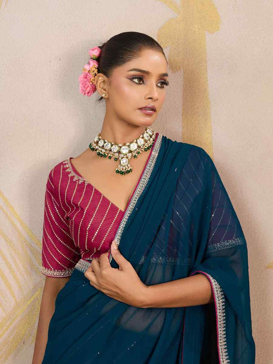 Teal Blue Georgette Sequins Embroidery Party Reception Festival Wedding Fancy Classic Style Sarees