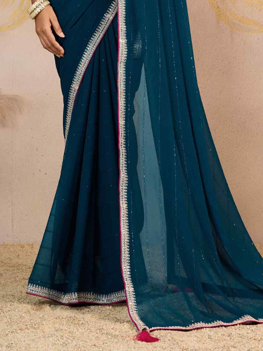 Teal Blue Georgette Sequins Embroidery Party Reception Festival Wedding Fancy Classic Style Sarees