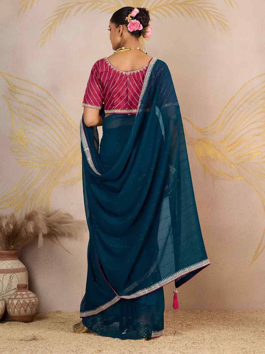 Teal Blue Georgette Sequins Embroidery Party Reception Festival Wedding Fancy Classic Style Sarees