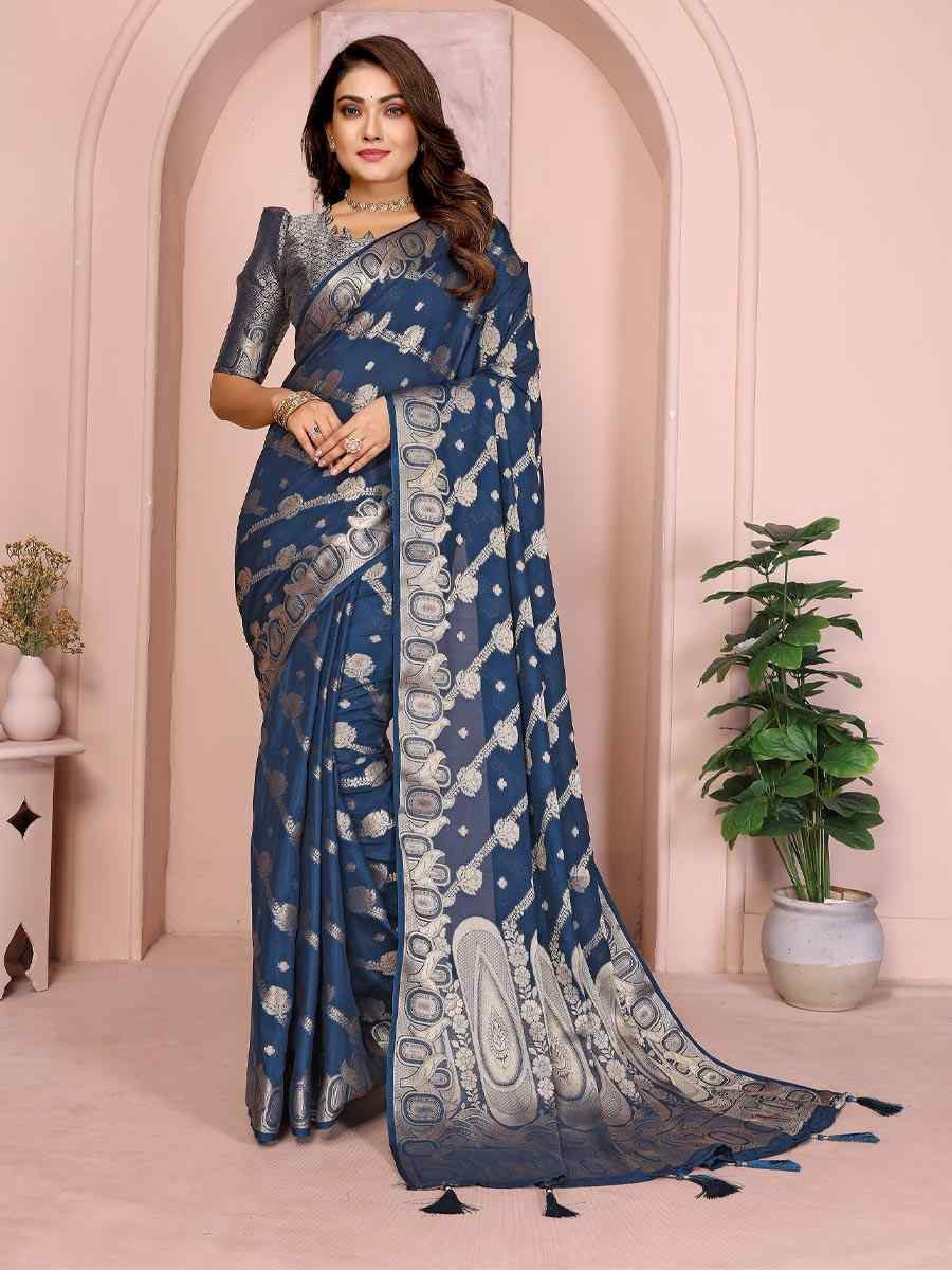 Teal Blue Georgette Silk Handwoven Festival Wedding Fancy Heavy Border Saree