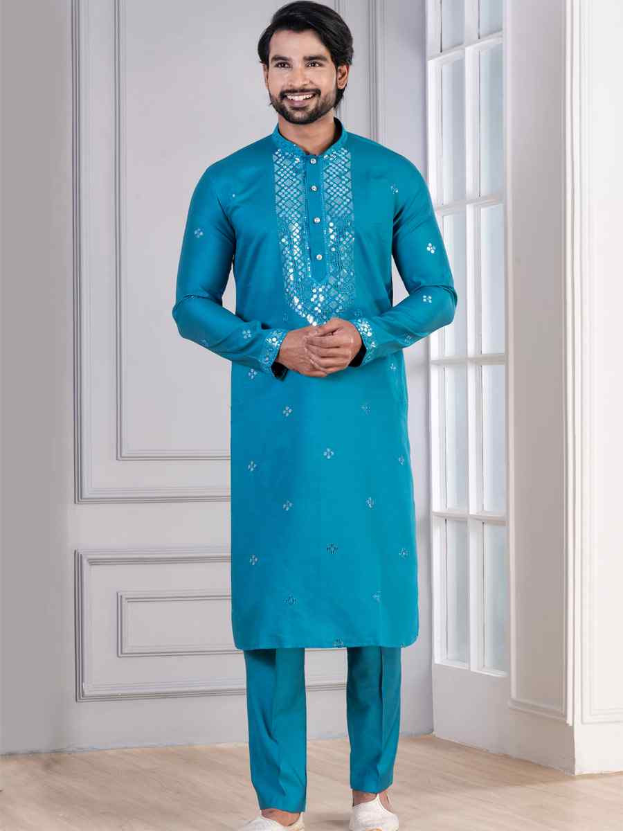 Teal Blue Glame Cotton Embroidery Festival Wedding Party Mens Kurta