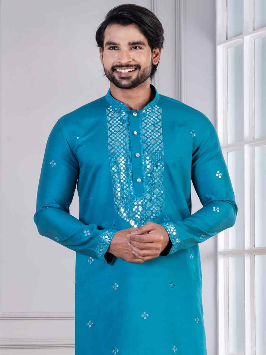 Teal Blue Glame Cotton Embroidery Festival Wedding Party Mens Kurta