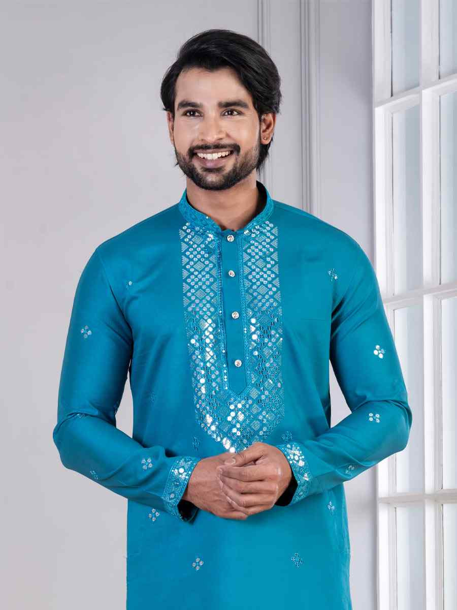 Teal Blue Glame Cotton Embroidery Festival Wedding Party Mens Kurta