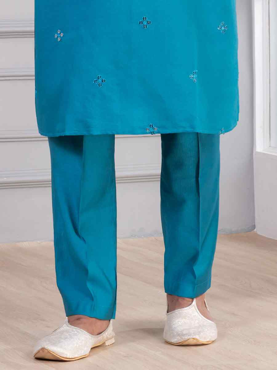 Teal Blue Glame Cotton Embroidery Festival Wedding Party Mens Kurta