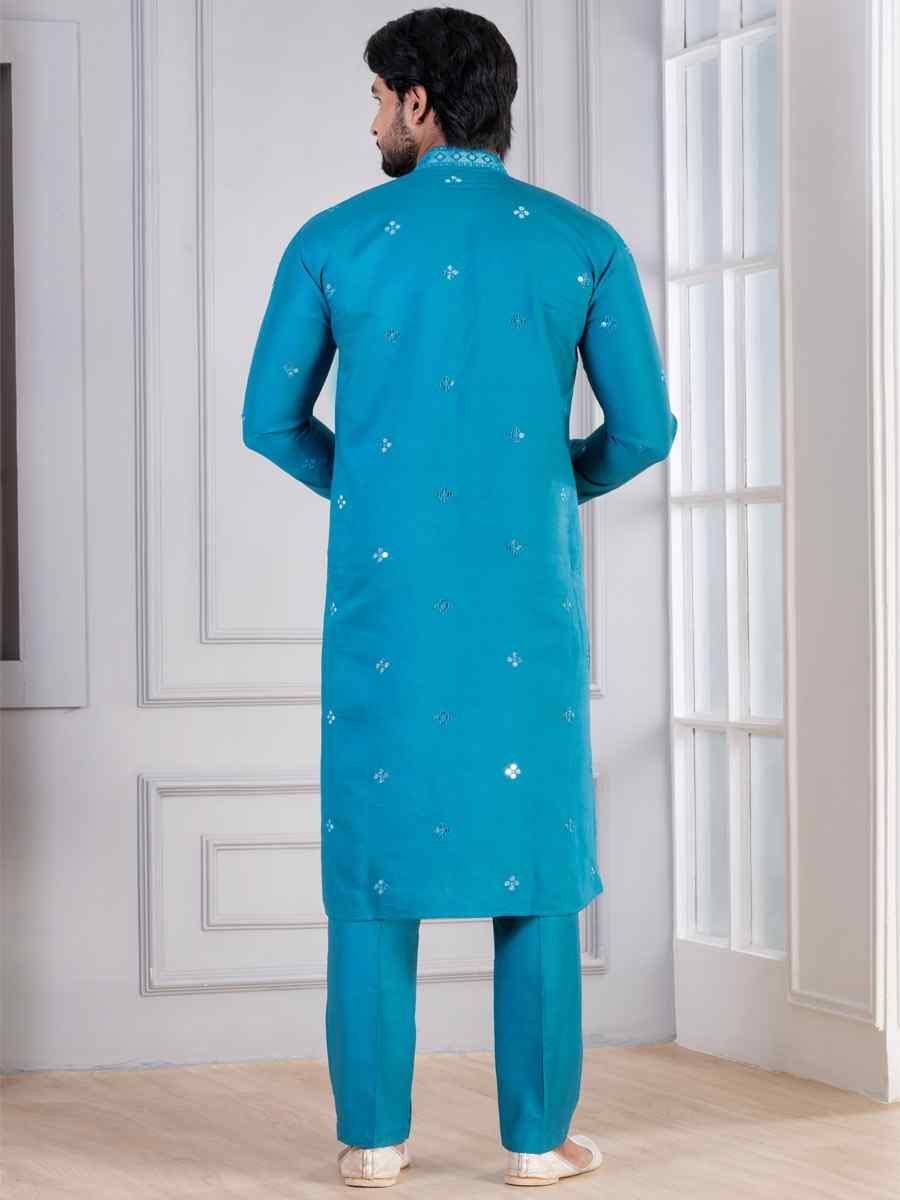 Teal Blue Glame Cotton Embroidery Festival Wedding Party Mens Kurta