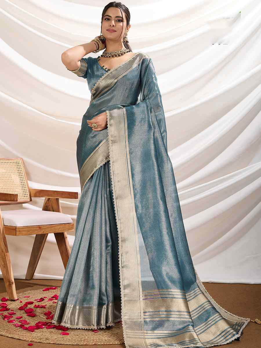 Teal Blue Gold Infused Tissue Linen Handwoven Festival Wedding Fancy Heavy Border Saree